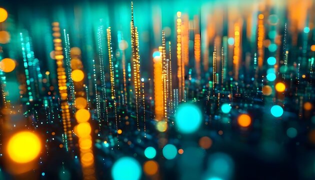 Abstract futuristic cityscape with glowing teal and orange light trails representing data streams and technology.