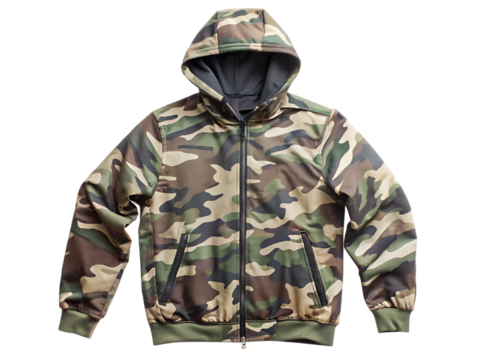 Hooded Camouflage Jacket with Zipper and Pockets on clothing apparel isolated on a transparent background
