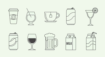 Vector Icons Set of Collection of various drink and beverage line art icons. EPS Editable