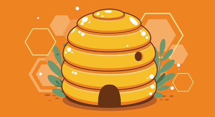 Cartoon beehive illustration with hexagonal background and leafy green accents