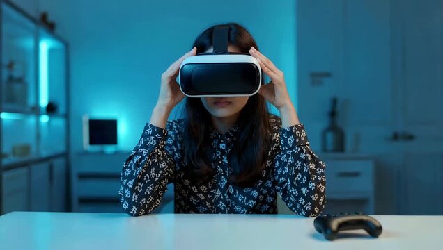Woman immersed in virtual reality with vr headset and controller in a modern blue lit room exploring digital worlds and interactive gaming experiences at home