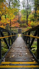 Obraz premium Wooden bridge in autumn forest with colorful foliage and stairs leading uphill