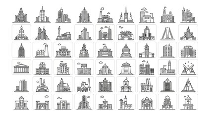 Vector Icons Set of Urban architecture and industrial factory buildings linear icon collection. EPS Editable