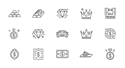 Vector Icons Set of Wealth and Luxury Thin Line Icons Set for Business and Finance. EPS Editable