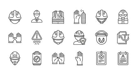 Vector Icons Set of Workplace Safety and Personal Protective Equipment Line Icons. EPS Editable