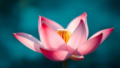 Close-up of a beautiful pink lotus flower in bloom against a teal-blue background.