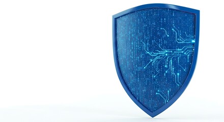 A blue shield with binary code and a circuit board design