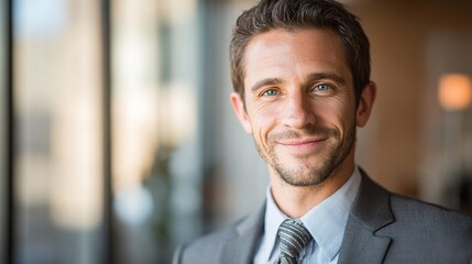 Confident businessperson in formal attire with a subtle smile, soft lighting highlighting professional demeanor.