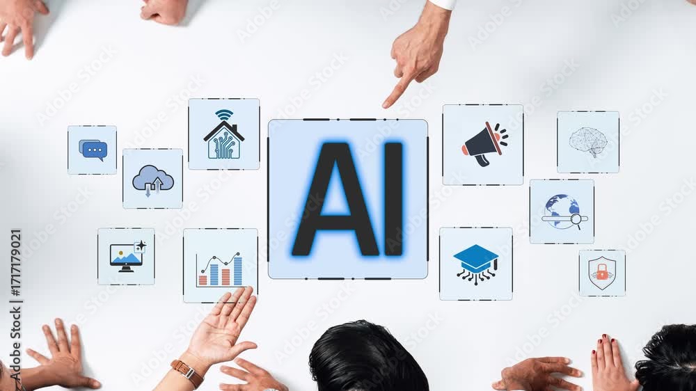 Poster a dynamic overhead view of diverse hands surrounding an ai symbol, emphasizing collaboration and tec