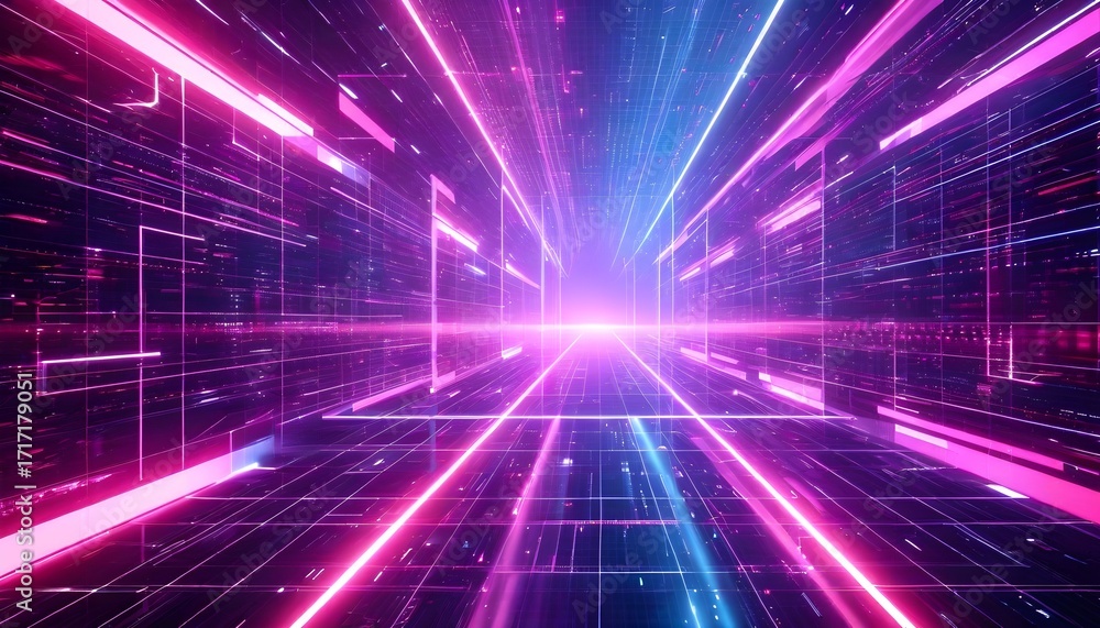 Aufkleber a vibrant digital tunnel with glowing neon lines of pink and blue, creating a sense of futuristic sp