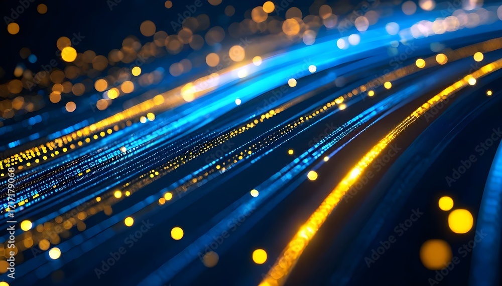 Poster abstract digital data flow with glowing blue and yellow light trails and bokeh effects on a dark bac