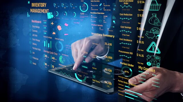 Inventory management dashboard showing supply chain performance, stock levels, order cycle times, cost reduction, and procurement ROI. Inventory tracking, and streamline warehouse efficiency. Thunk