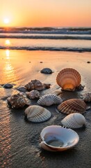 Colorful seashells rest on the wet sand at sunrise, bathed in warm golden light.