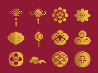 Collection of traditional chinese lucky knots lanterns and ornate decorative symbols for festivities