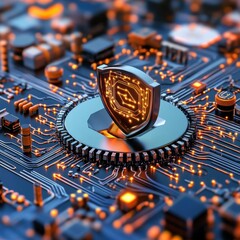 Futuristic Circuit Board with Shield Symbol Representing Security