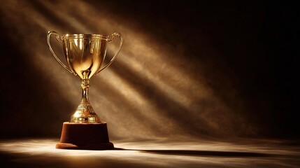 A gleaming gold trophy sits on a velvet stand, radiating achievement and prestige.