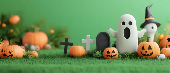 Happy Halloween. Simple background surrounded by pumpkins, ghosts, leaves, trees and graves.