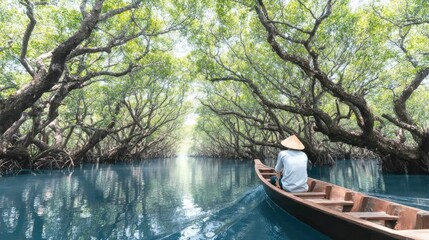 Obraz premium Traditional wooden boat gliding through a calm mangrove canal, fisherman steering, reflected canopy, cultural connection to wetland 