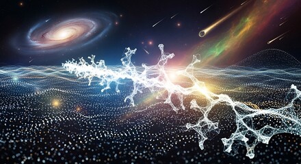 A cosmic landscape displays a luminous, interconnected network of light against a backdrop of swirling nebulae and distant stars.