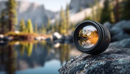 Camera Lens on Rock Reflecting Mountains and Forests with Blurred Peaks in Background
