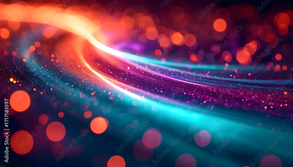 Aufkleber a vibrant, swirling stream of colorful light particles flows through a dark space with glowing bokeh