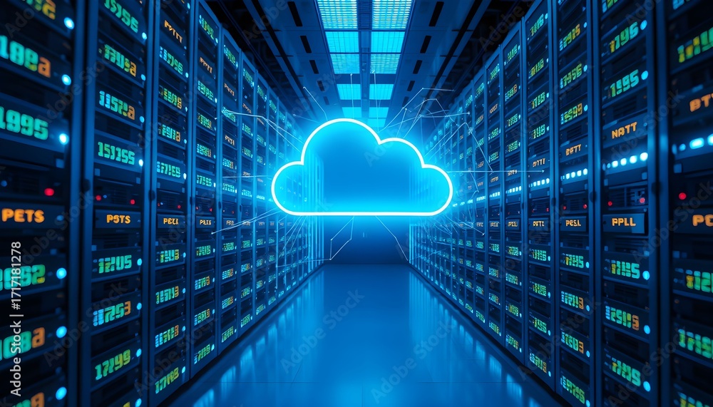 Poster cloud computing data center with servers and a cloud symbol.