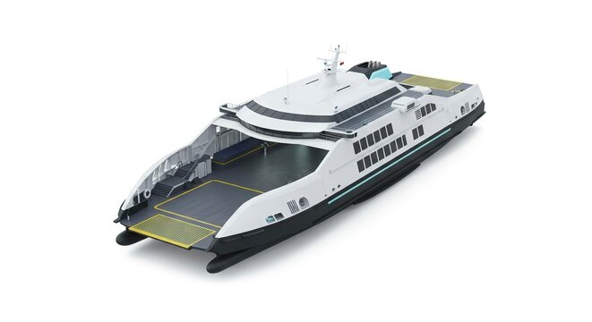 Aerial view of a white catamaran ferry boat with a black hull on a white surface - Powered by Adobe