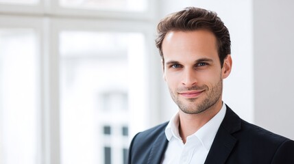 Fototapeta premium Confident businessperson in formal attire with a subtle smile, soft lighting highlighting professional demeanor.