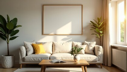 Aesthetic poster frame mockup, sunlight streams onto coffee table in warm living room interior , modern, space, image