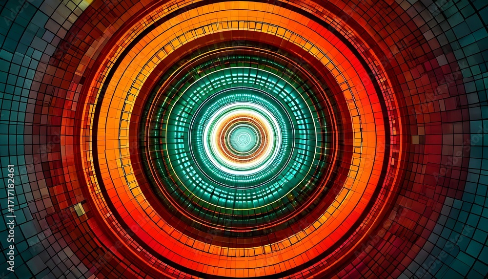 Aufkleber abstract digital artwork featuring concentric circles with vibrant colors and intricate patterns.