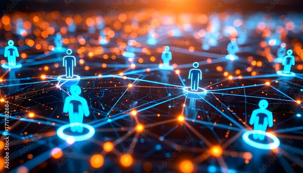 Aufkleber abstract visualization of a digital network connecting stylized human figures, representing social c