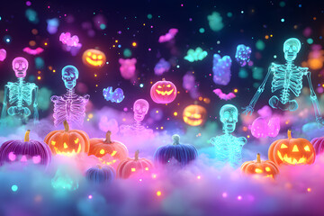 Fototapeta premium Glowing Halloween Celebration: Festive illustration showcases luminous jack-o'-lanterns, ghostly skeletons, and whimsical decorations, bathed in an ethereal glow perfect for celebrating the holiday.