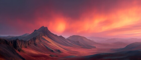 Fototapeta premium panoramic surreal volcanic plateau with glowing autumn aurora