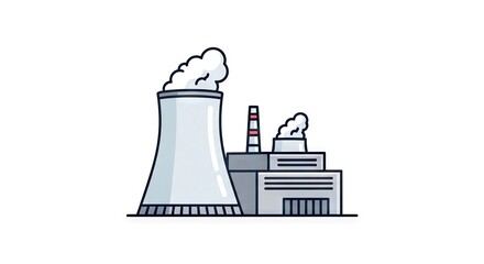 Fototapeta premium A cartoon nuclear power plant emits smoke from a cooling tower and smokestack against a white background