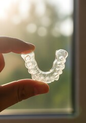 Clear plastic teeth aligner held by a finger against a blurred window background.