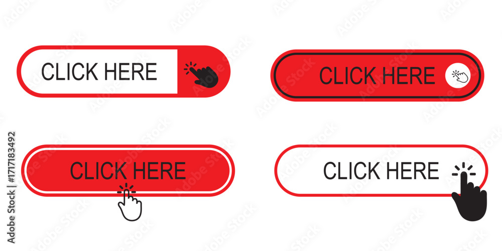 Fototapete yellow buttons with clicking hand or arrow pointer set. click here vector template