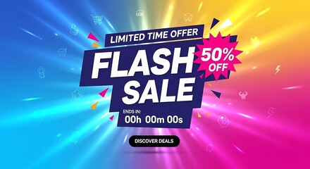 Vibrant flash sale banner with limited time offer and 50% discount.
