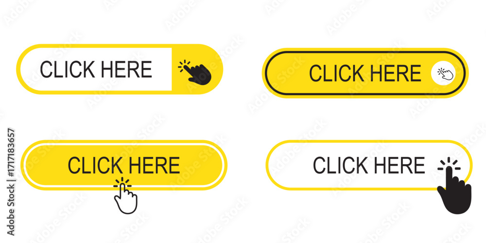 Fototapete yellow buttons with clicking hand or arrow pointer set. click here vector template