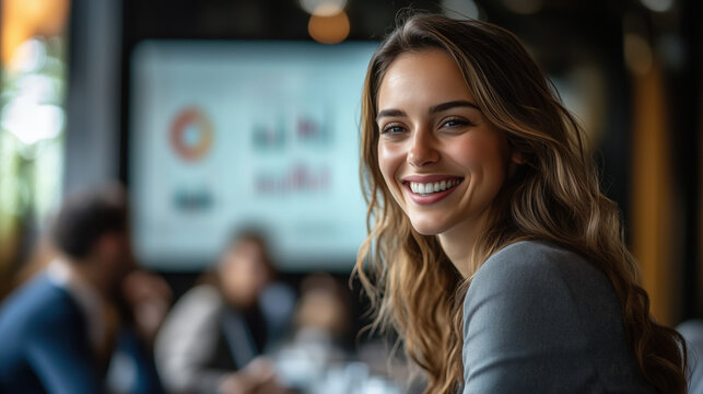Smiling businesswoman presenting data on screen to colleagues in conference room, professional success concept