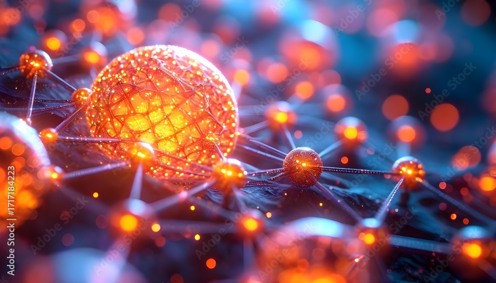 Poster close-up of glowing orange spheres connected by lines, representing a complex network.