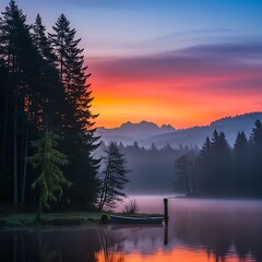 A serene lake scene at sunrise, showcasing a tranquil morning with colorful skies reflecting on the water's surface, surrounded by dark silhouettes of trees and mountains shrouded in mist.