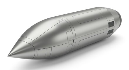 Silver bulletshaped object with a pointed tip and ridged tail on a white surface