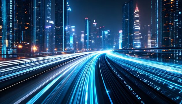 Night cityscape with a highway showcasing light trails and digital data, suggesting futuristic technology and urban development.