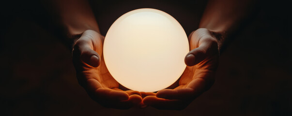  pair of hands gently cradles a glowing orb, symbolizing light, hope, and potential in a darkened setting.