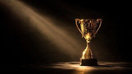 A gleaming gold trophy sits on a velvet stand, radiating achievement and prestige.