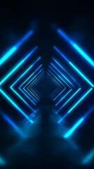 Abstract blue neon light tunnel with geometric patterns and glowing lines creating a futuristic perspective effect