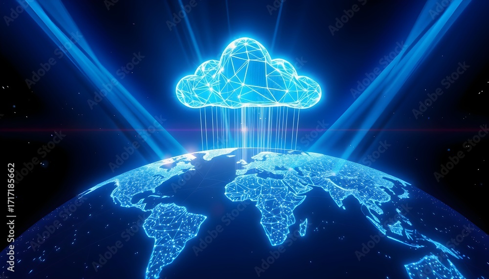 Poster digital cloud computing concept with a glowing network cloud hovering above a stylized earth globe, 