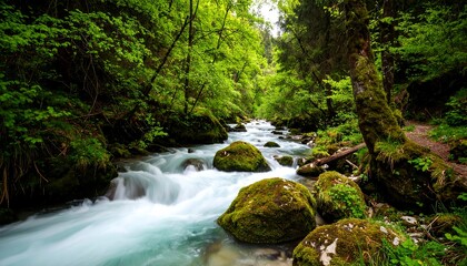 Lush forest stream flows through rocks