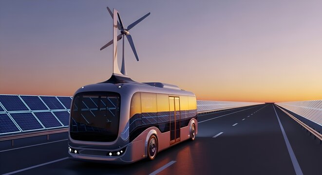 Futuristic electric bus with integrated wind turbine and solar panels drives on highway at sunset, showcasing sustainable transport innovation.