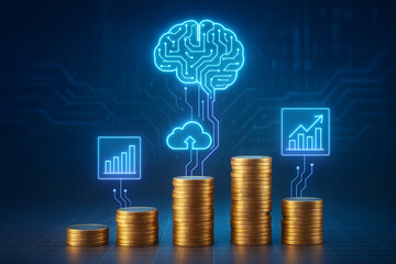 AI Brain and Financial Growth with Coins and Charts